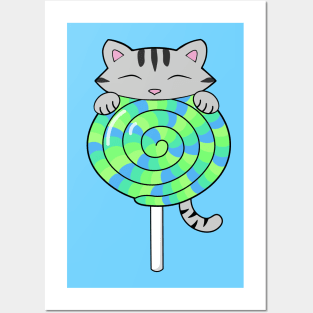 Green Candy Lollipop Cat Posters and Art